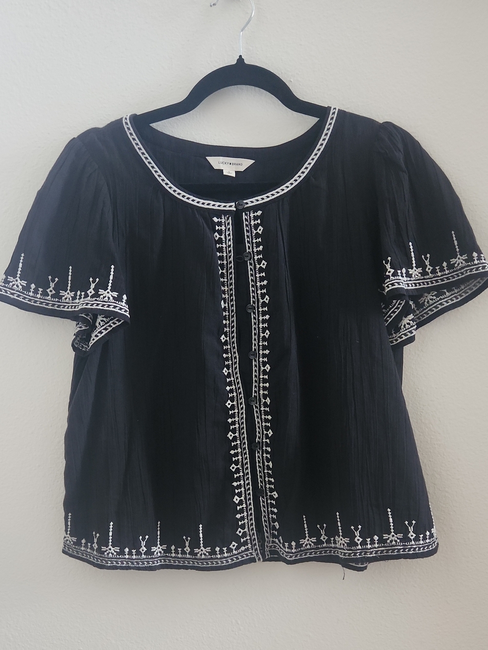 Lucky Brand Black Cotton Embroidered Short Sleeve Top